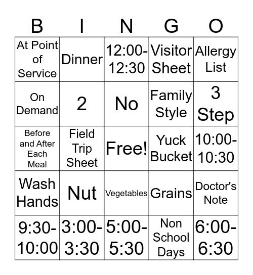 Food Program Bingo Card