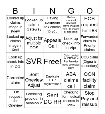 Claims Bingo Card