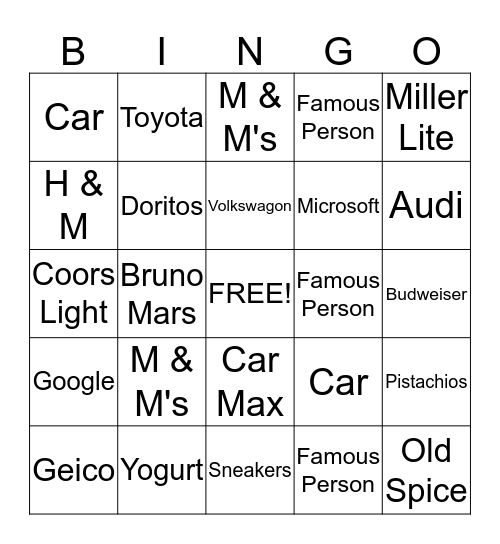 Super Bowl Commercial Bingo Card