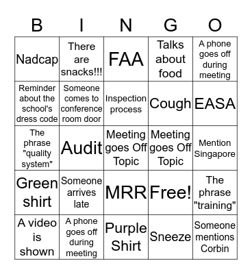 MRO/OEM Monday Meeting Bingo Card