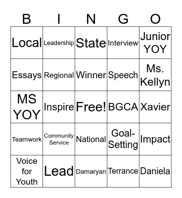 Youth of the Year Bingo Card