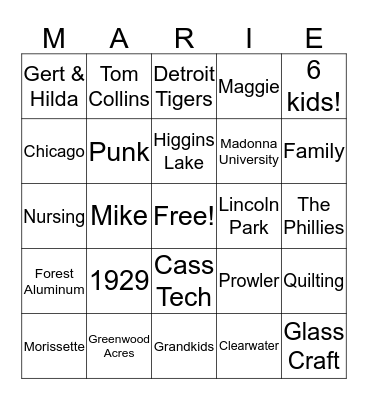 Marie's 90th Birthday Bingo Card