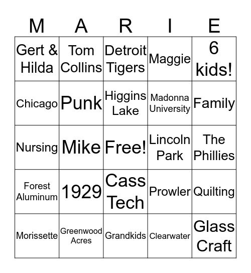 Marie's 90th Birthday Bingo Card