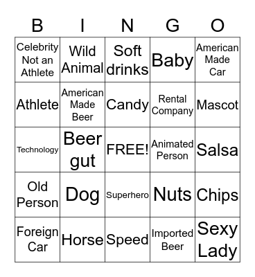 Super Bowl Commercial Bingo Card