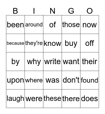 Cal's Sight Words Bingo Card