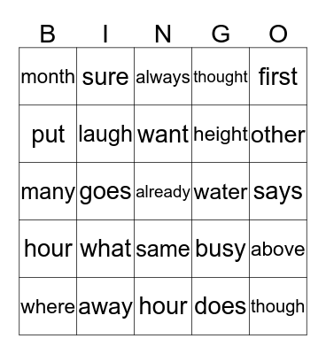 Mia's Sight Words Bingo Card