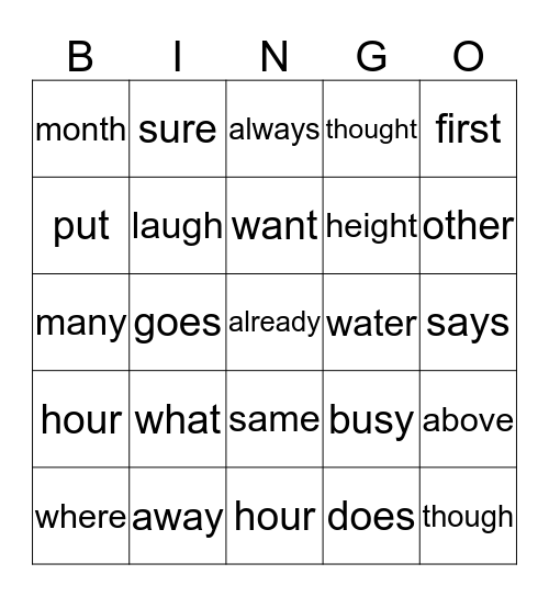 Mia's Sight Words Bingo Card