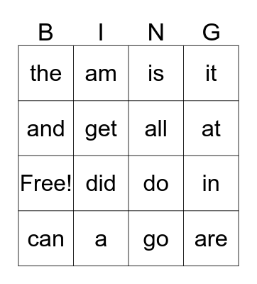 Sight Words Bingo Card