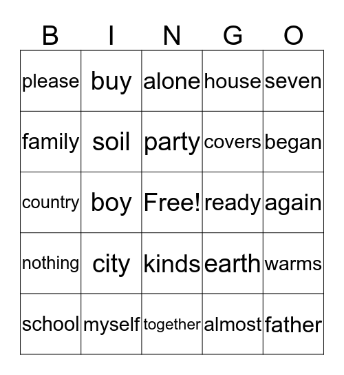 Week 25 Sight Words Bingo Card