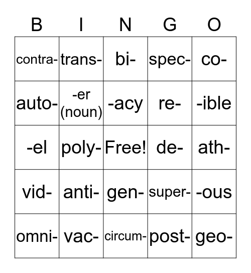 Greek & Latin Root Words Bingo Card