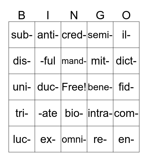 Greek & Latin Root Words Bingo Card