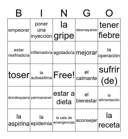La salud y el bienestar Bingo Card