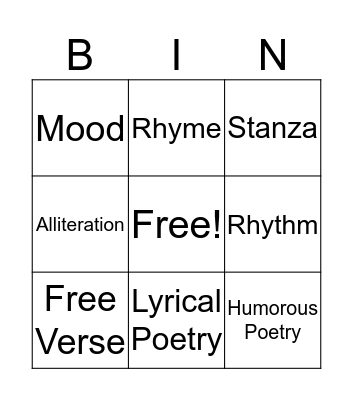 3rd Grade Poetry Bingo Card