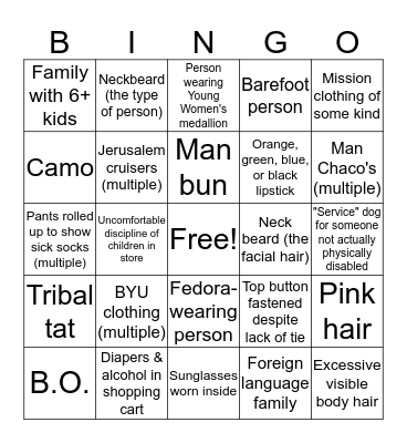 People Watching Bingo Card