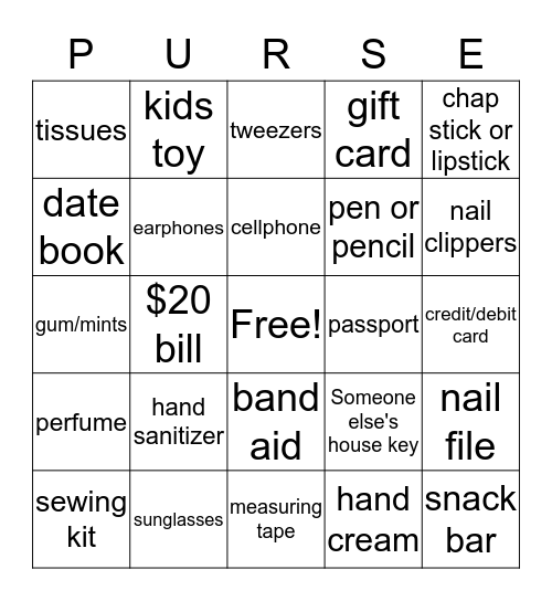 What's In Your Purse? Bingo Card