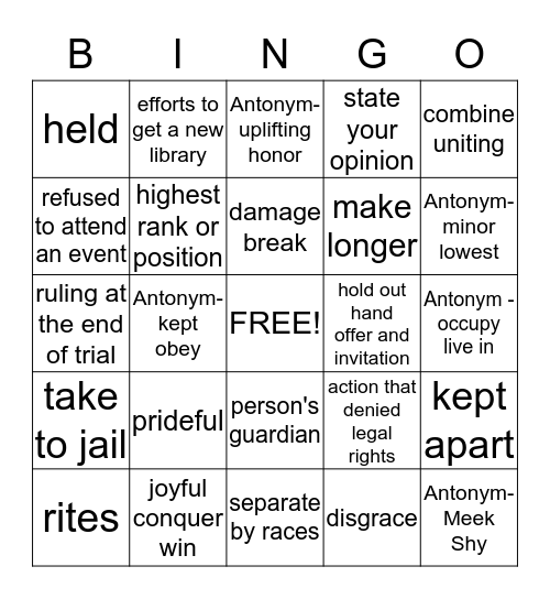 Vocabulary 2 Bingo Card