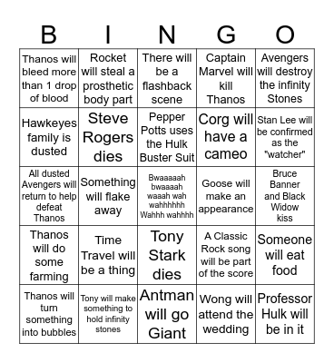 End Game Predictions Bingo Card