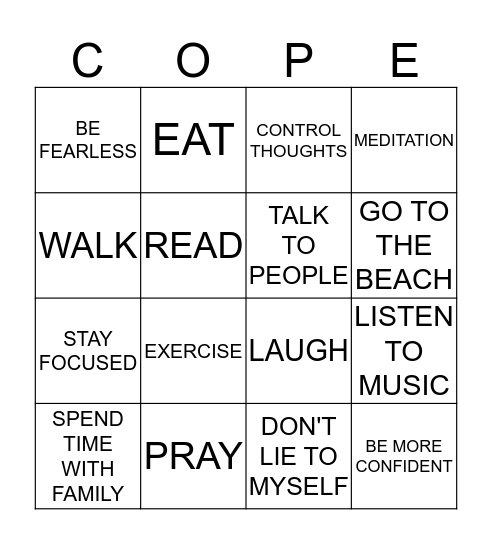 SAFE COPING SKILLS Bingo Card