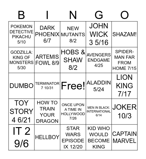 MOVIE 2019 Bingo Card