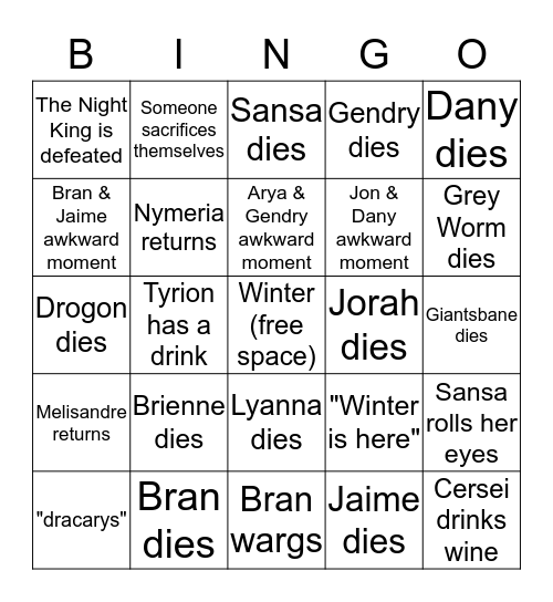 Battle of Winterfell Bingo Card