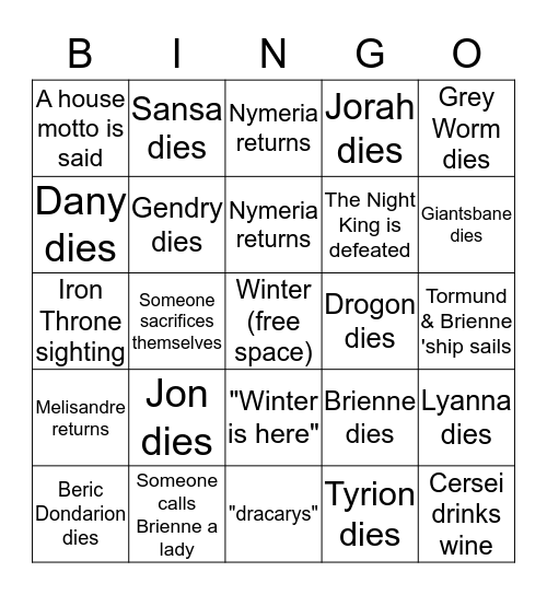Battle of Winterfell Bingo Card
