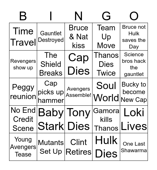 Avengers EndGame Bingo Card