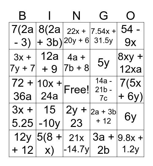 Equivalent Expression Bingo Card