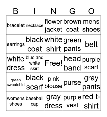 Clothes Bingo Card