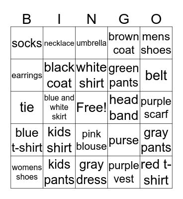 Clothes Bingo Card