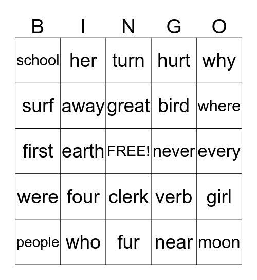 er/ir/ur Bingo Card