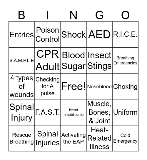 Lifeguard Bingo Card