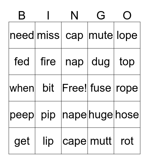 Short/Long Vowels Bingo Card