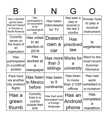 Get To Know Fellows Bingo Card