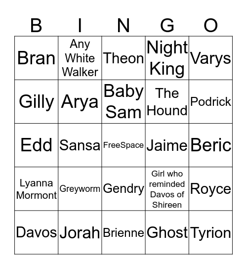 Battle of Winterfell Bingo Card