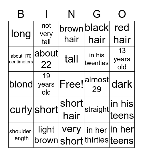 Descriptions Bingo Card