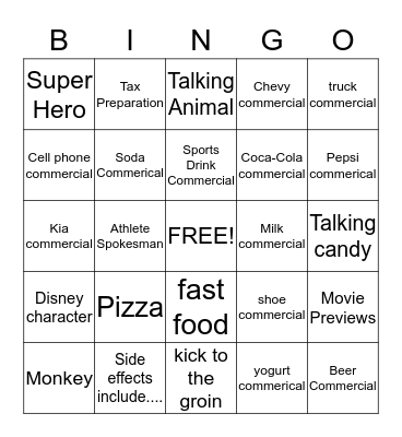 Superbowl Commercial Bingo Card