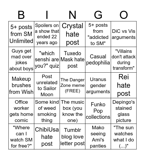 No Context Sailor Moon Weekly Bingo Card