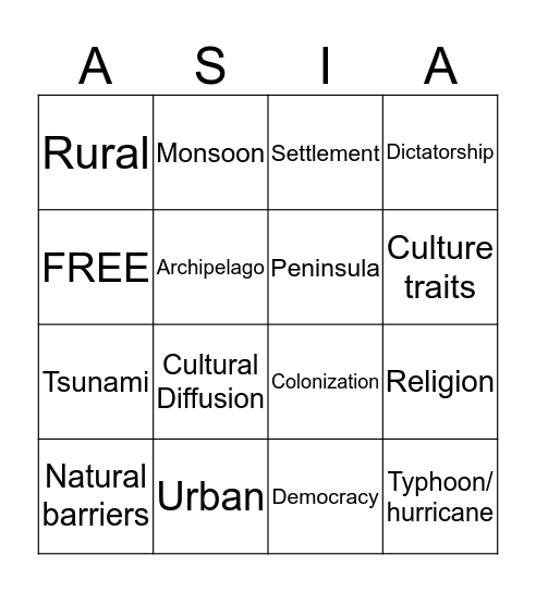 Asia Vocabulary Bingo Card