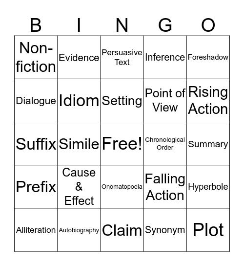 ELA Vocabulary Bingo Card