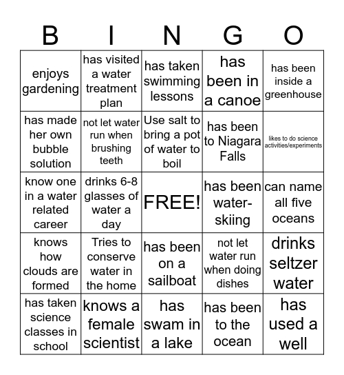 Water Wonders Bingo Card