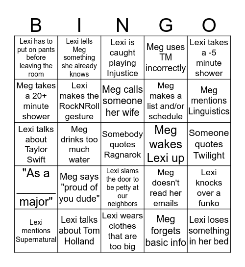 Roommate Bingo Card