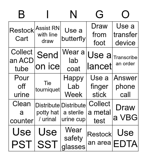 Lab Assistant Phlebotomy BINGO Card