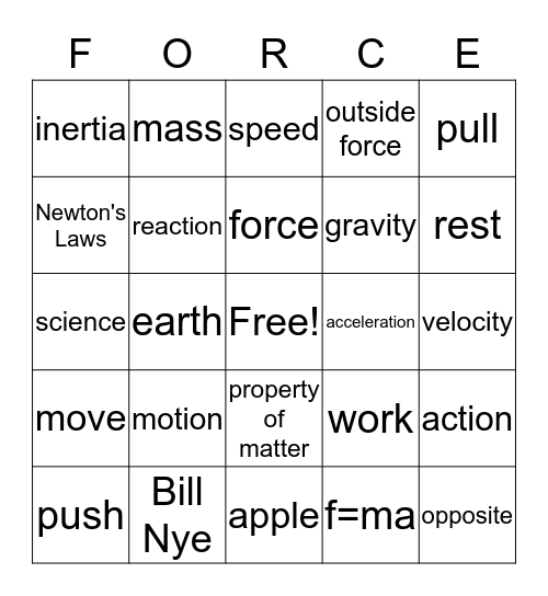 Bill Nye Force and Motion Bingo Card