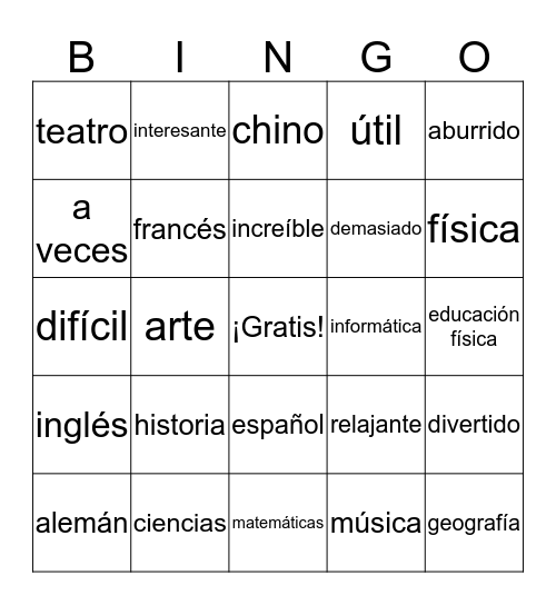 Las asignaturas Bingo Card