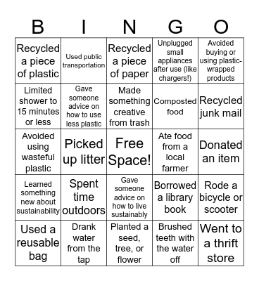 Sustainability Bingo Card