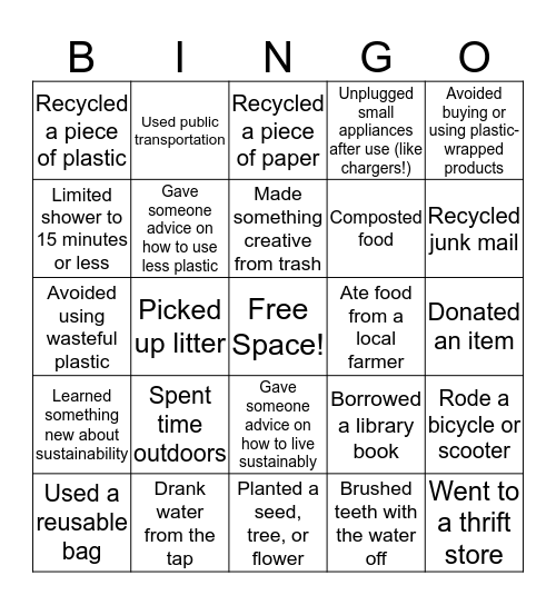 Sustainability Bingo Card