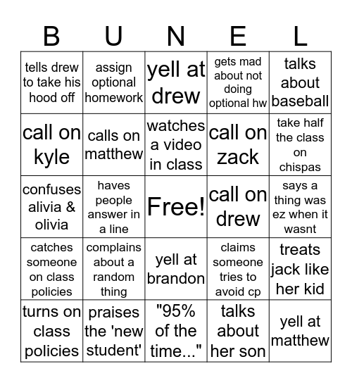 Bunnell Bingo Card