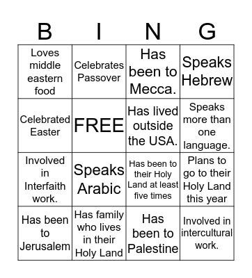 Interfaith Bingo Card