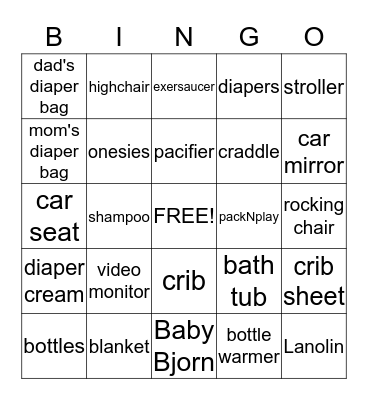 Baby Shower Bingo Card