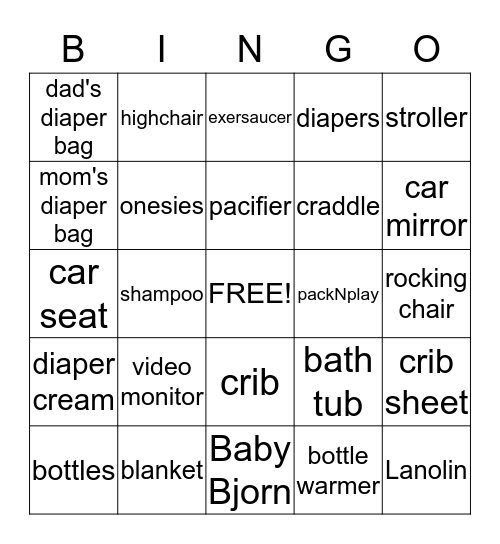 Baby Shower Bingo Card